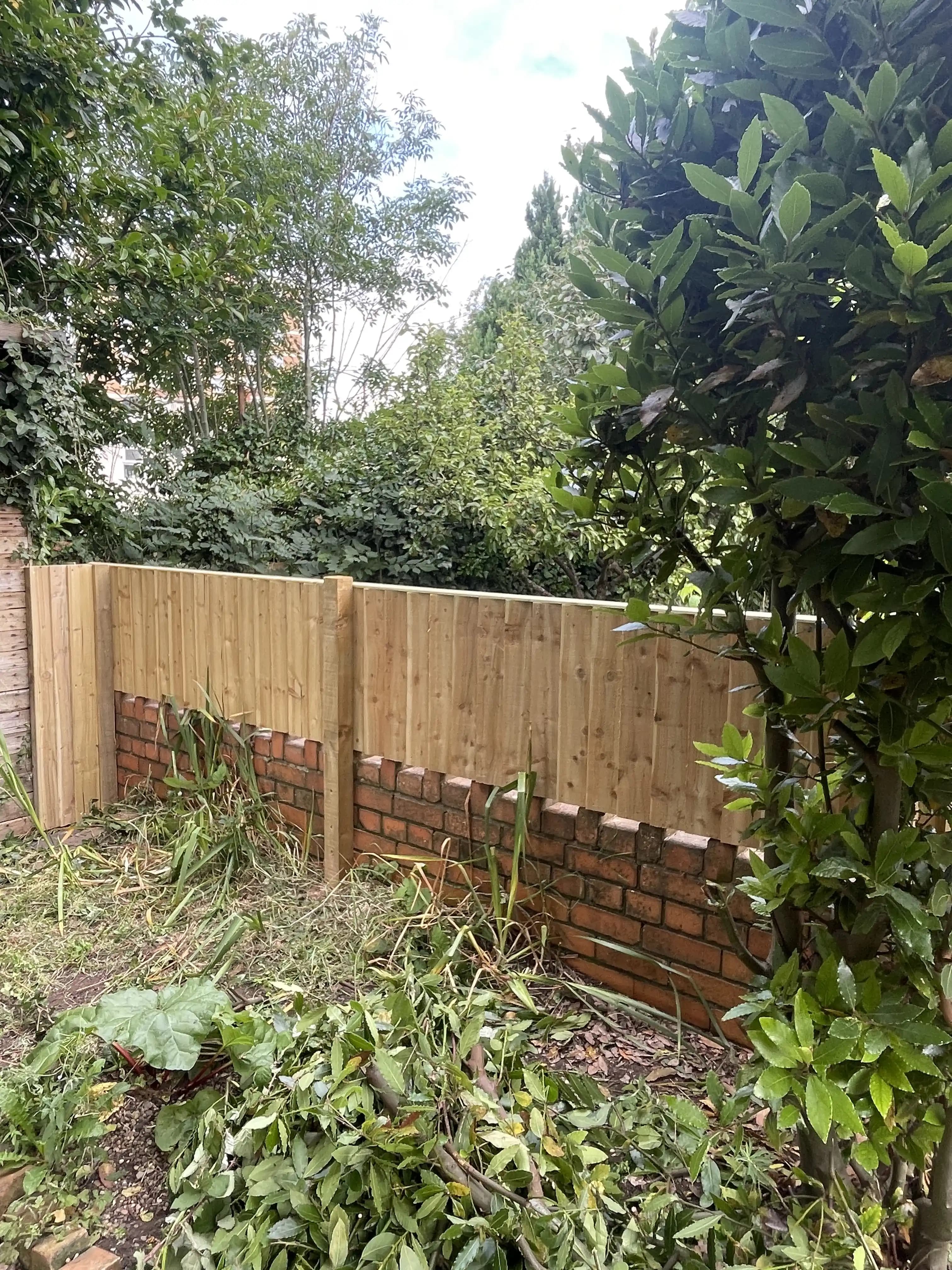 Closeboard fence above a brick retaining wall and shrubs