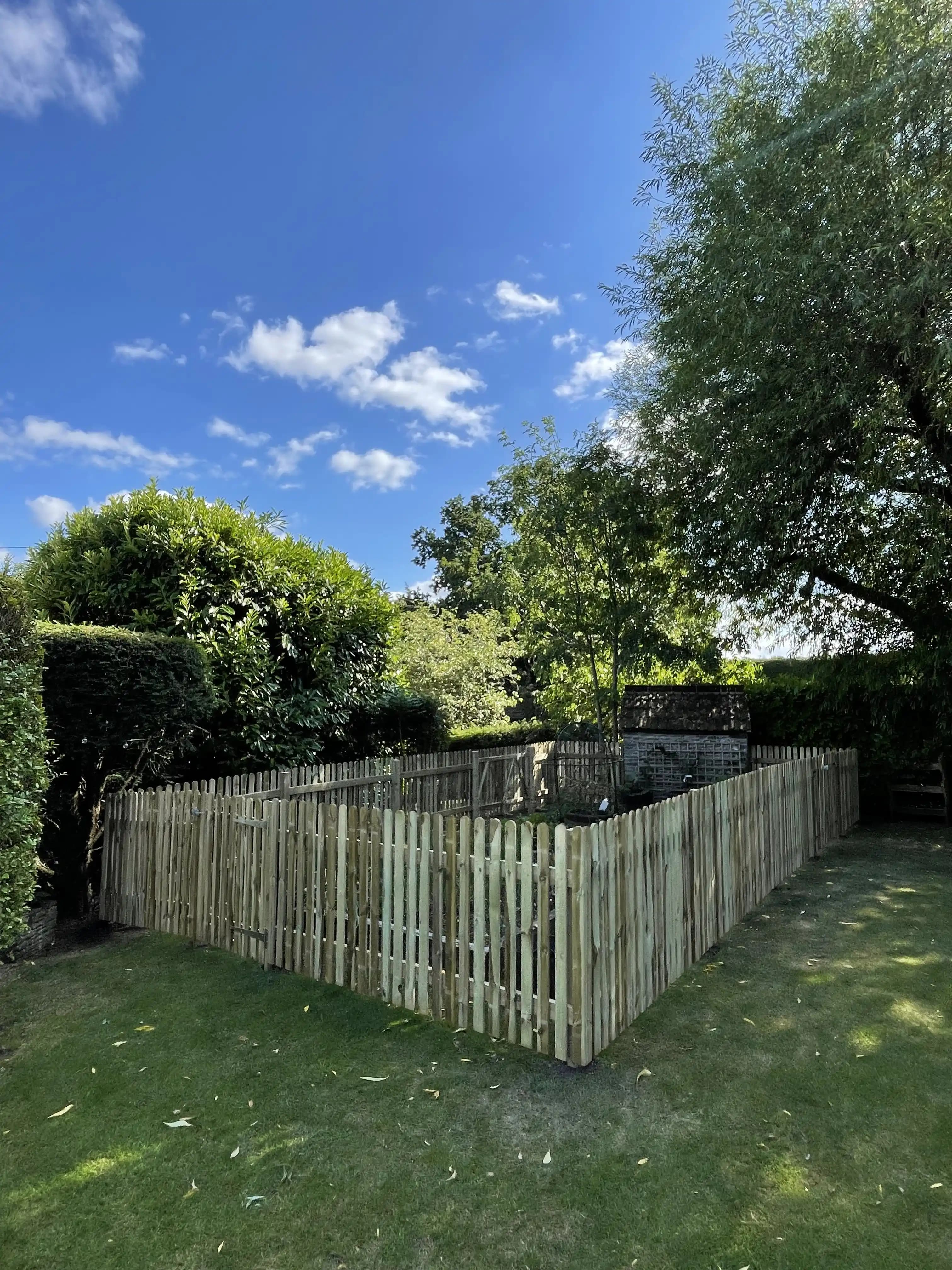 Low picket style timber fence around a sunny garden lawn