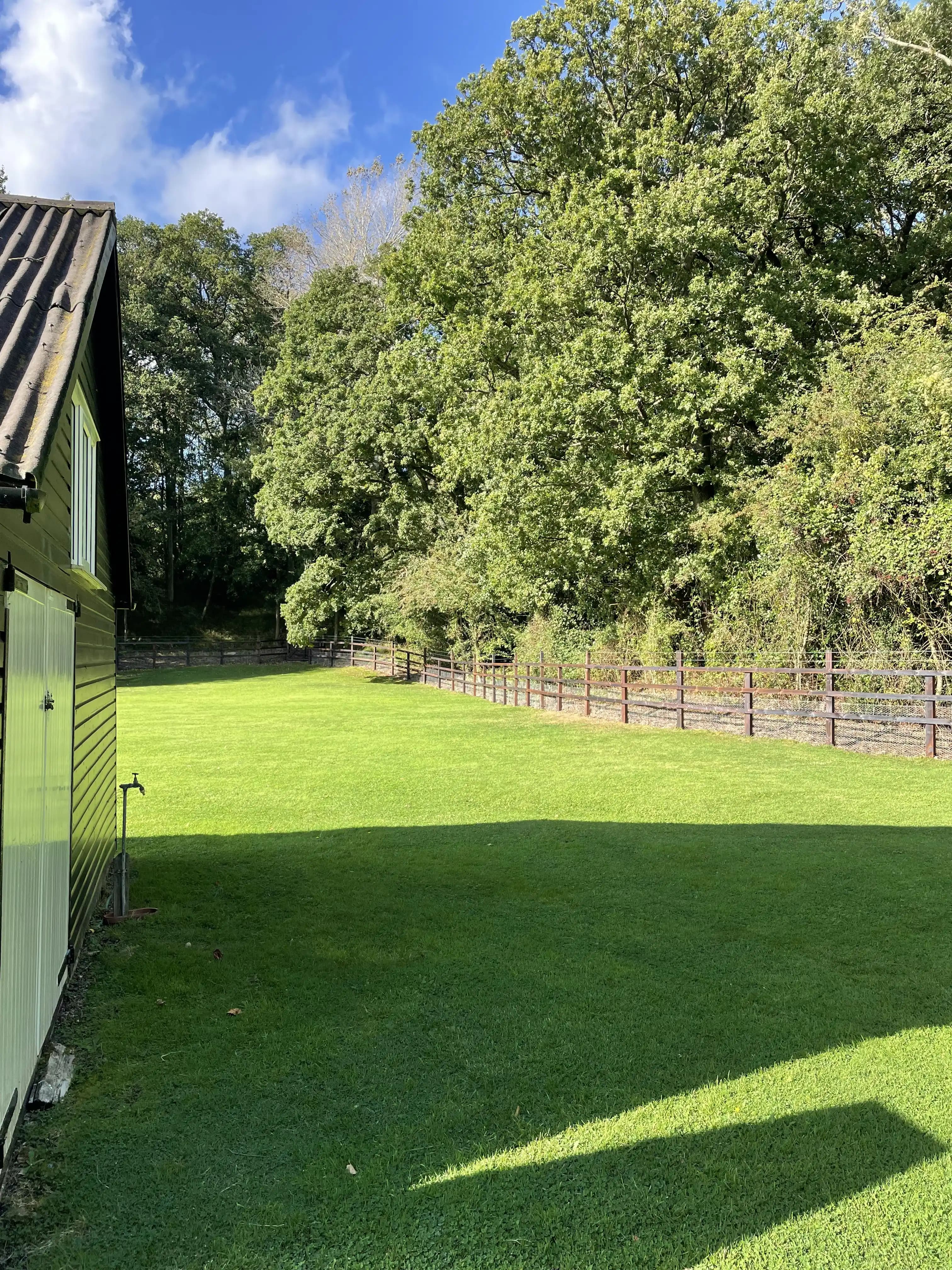 Post and rail boundary fence in a sunny garden with blue sky