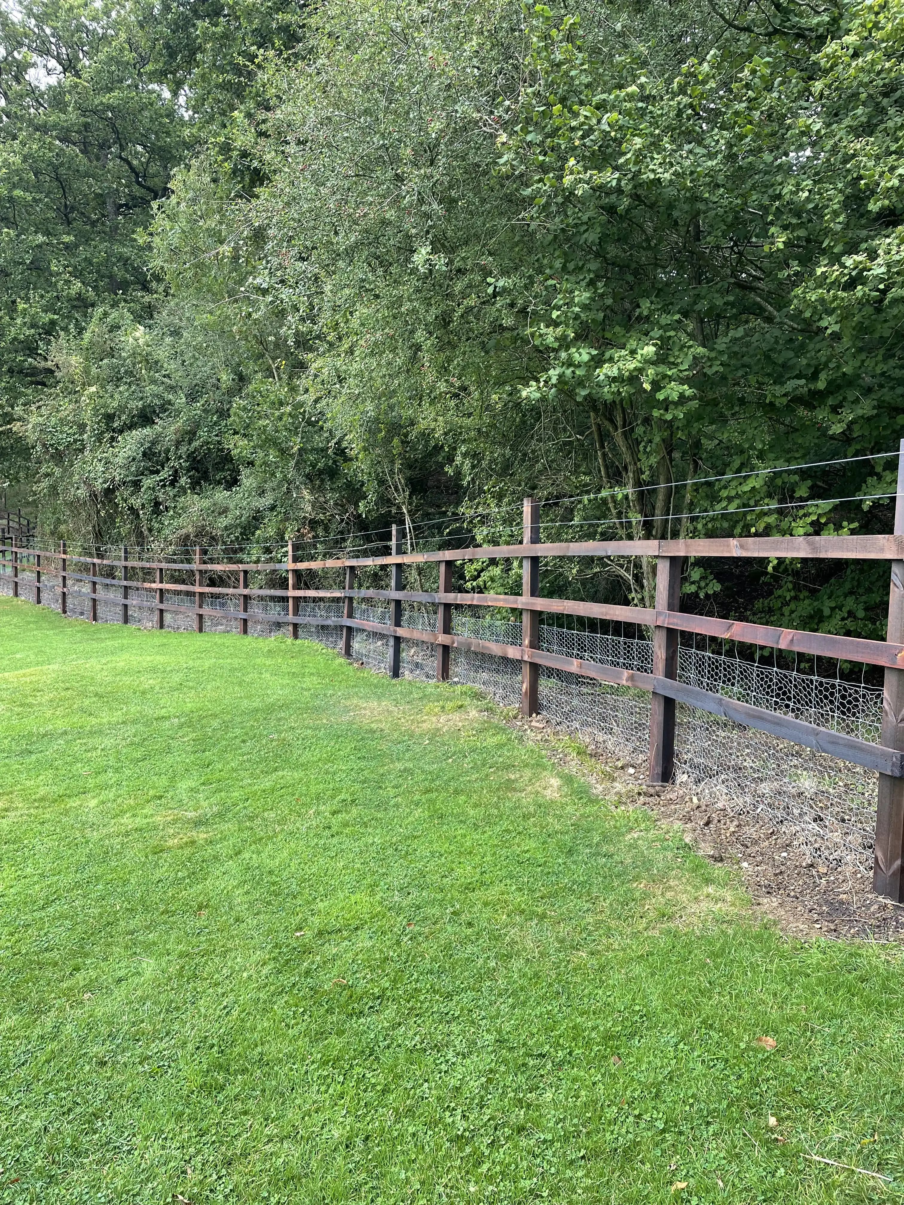 Tree lined lawn with post and rail fencing around the boundary