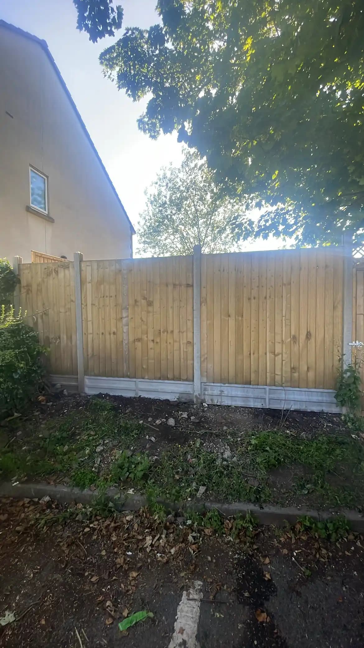 Closeboard timber fence panel beside a house in a shaded garden border