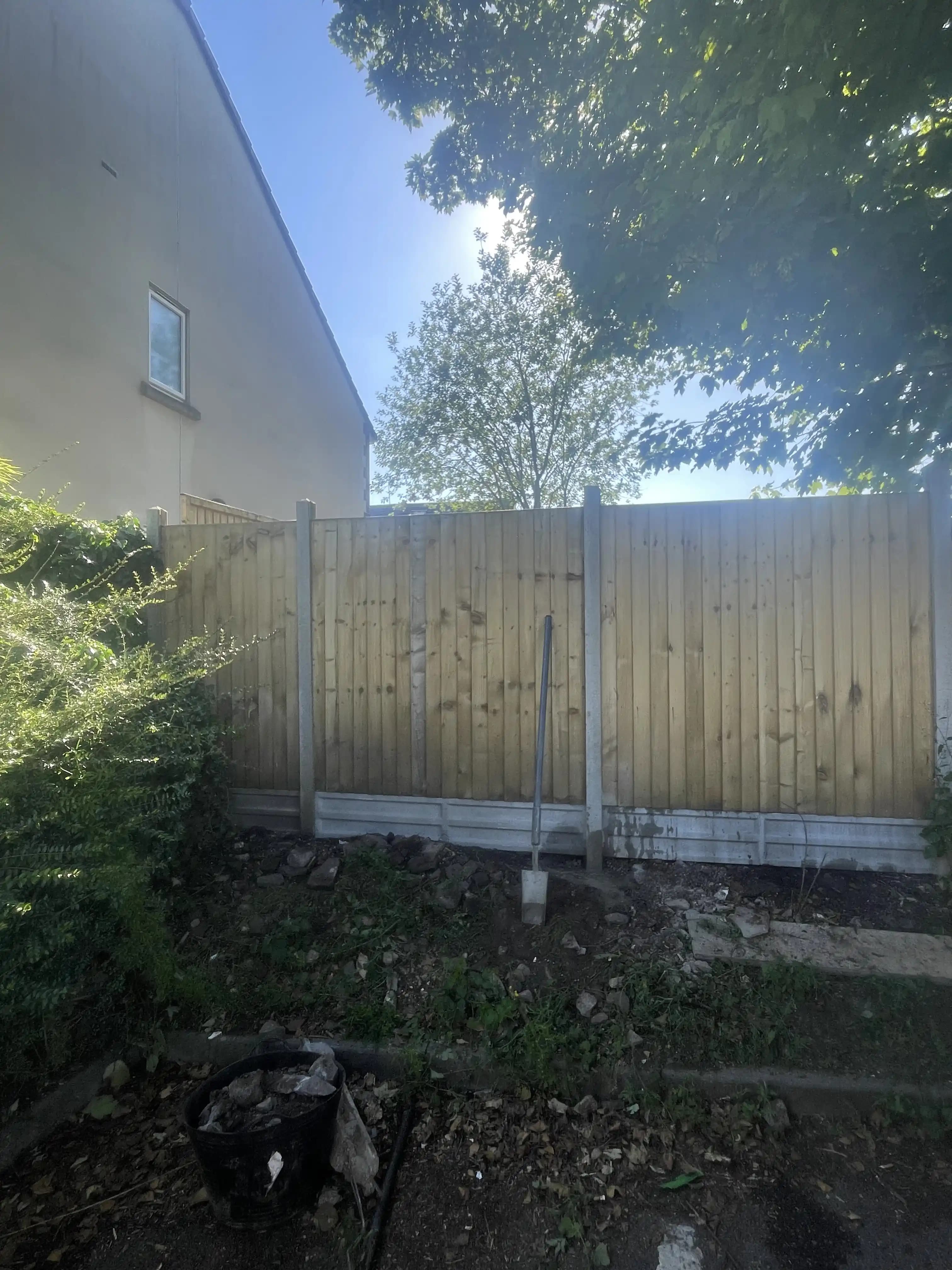 Side garden closeboard fence with sunlight through trees